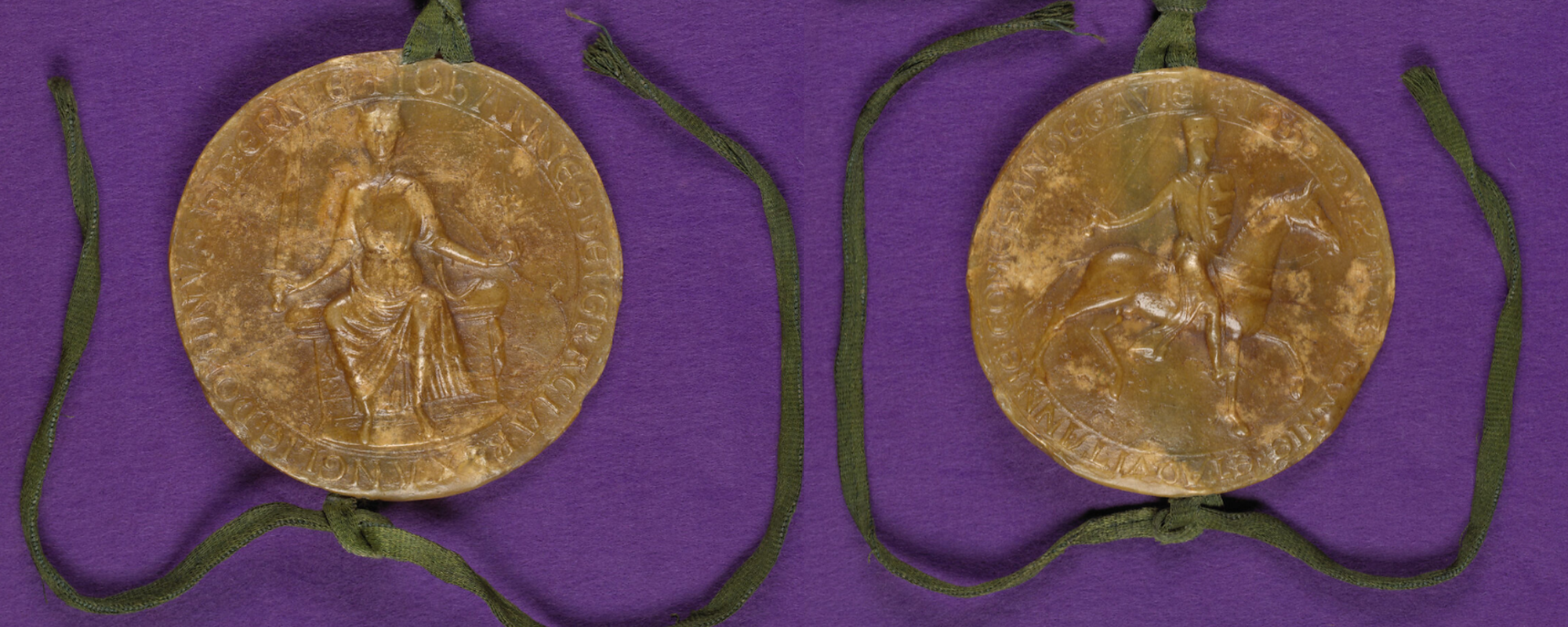 A front and reverse image of a circular wax seal of King John placed on a felt background. The front of the seal depicts John seated on his throne holding a sword to represent justice. On the reverse we see John depicted on horseback, to represent his duty as a military leader.