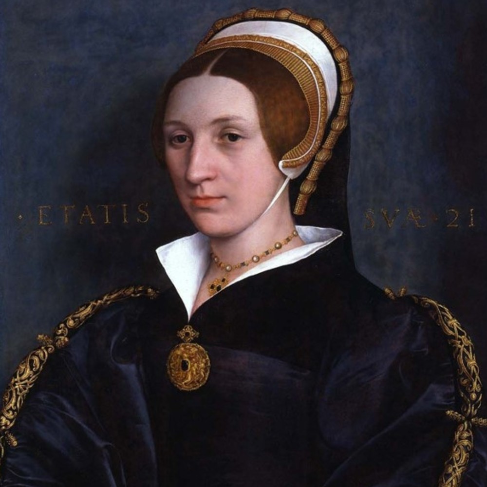 A sixteenth century portrait oil painting of a Tudor noblewoman with brown hair and wearing a black or dark blue dress with gold trim.